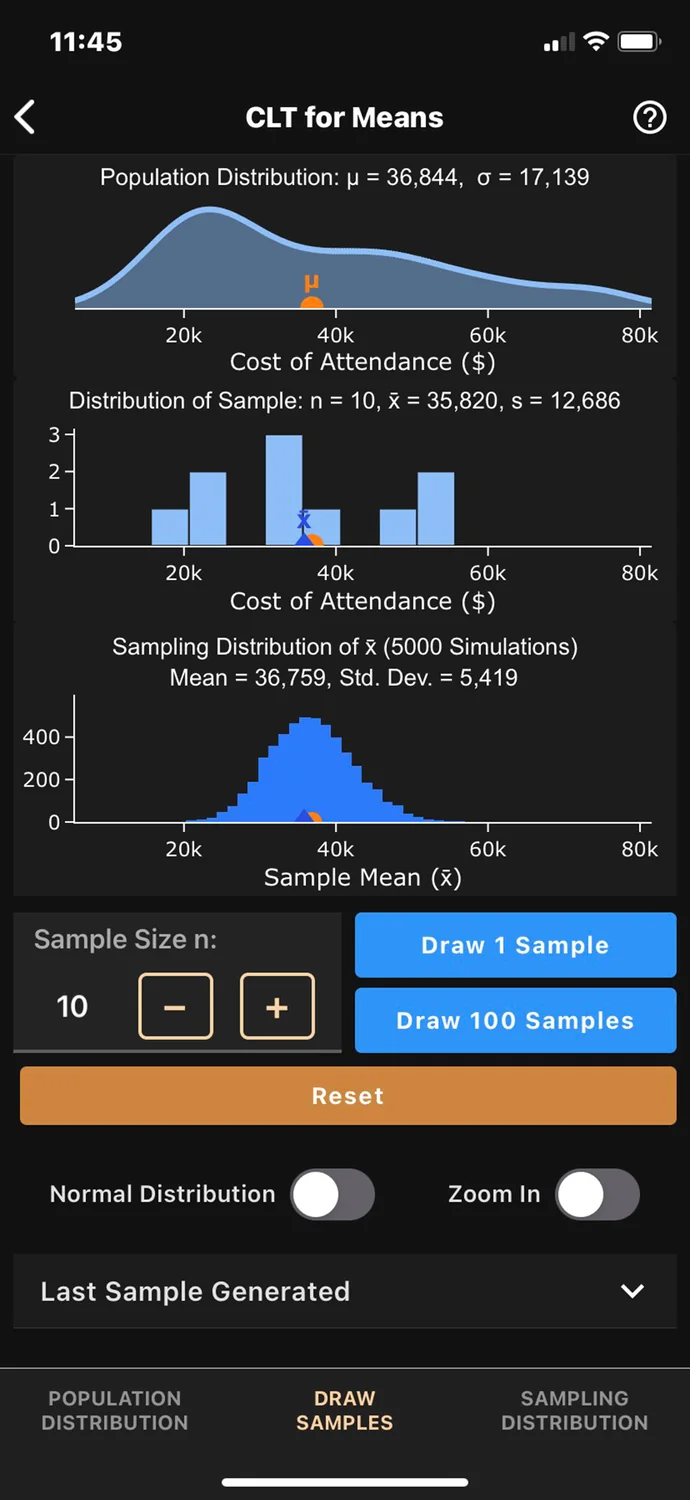 Art of Stat app: Concepts: Central Limit Theorem for means